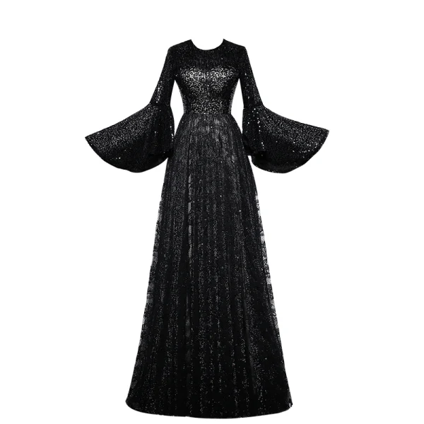 Chic / Beautiful Black Lace Evening Dresses 2019 A-Line / Princess Scoop Neck Bell sleeves Glitter Sequins Floor-Length / Long Ruffle Formal Dresses
