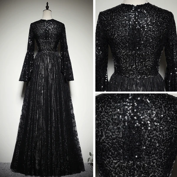 Chic / Beautiful Black Lace Evening Dresses 2019 A-Line / Princess Scoop Neck Bell sleeves Glitter Sequins Floor-Length / Long Ruffle Formal Dresses