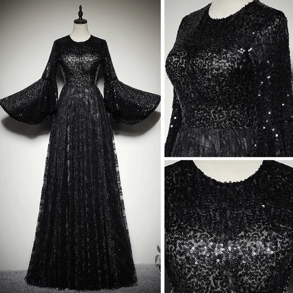Chic / Beautiful Black Lace Evening Dresses 2019 A-Line / Princess Scoop Neck Bell sleeves Glitter Sequins Floor-Length / Long Ruffle Formal Dresses