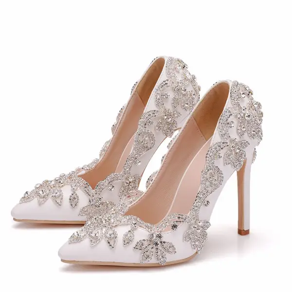 Elegante Witte Rhinestone Spitse Neus Bruidsschoenen 2025 Huwelijk 11 cm Naaldhakken / Stiletto Pumps Hoge Hakken