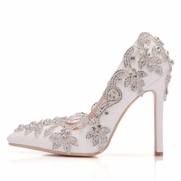 Elegante Witte Rhinestone Spitse Neus Bruidsschoenen 2025 Huwelijk 11 cm Naaldhakken / Stiletto Pumps Hoge Hakken