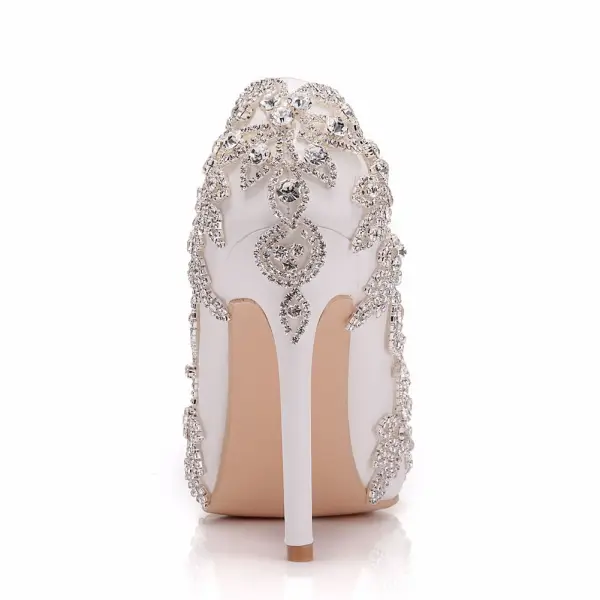 Elegante Witte Rhinestone Spitse Neus Bruidsschoenen 2025 Huwelijk 11 cm Naaldhakken / Stiletto Pumps Hoge Hakken