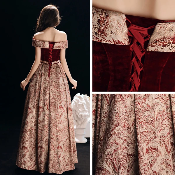 Affordable Burgundy Suede Jacquard Evening Dresses 2019 A-Line / Princess Off-The-Shoulder Short Sleeve Sash Floor-Length / Long Backless Formal Dresses