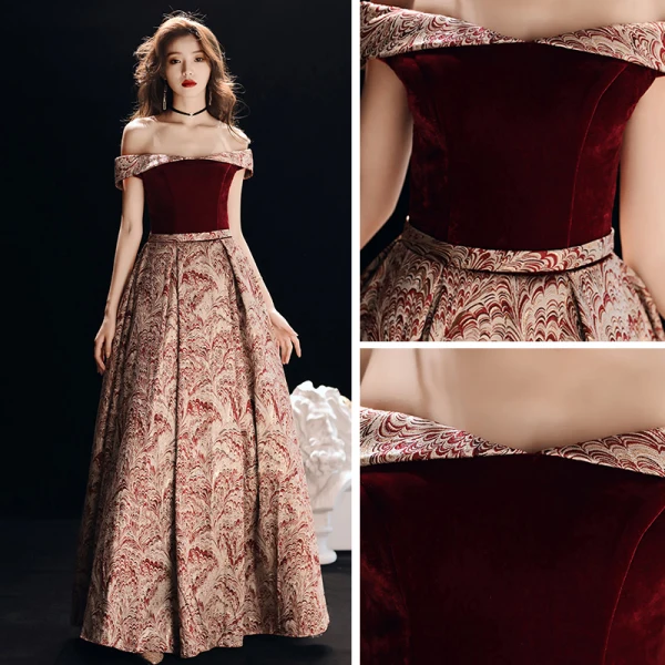 Affordable Burgundy Suede Jacquard Evening Dresses 2019 A-Line / Princess Off-The-Shoulder Short Sleeve Sash Floor-Length / Long Backless Formal Dresses