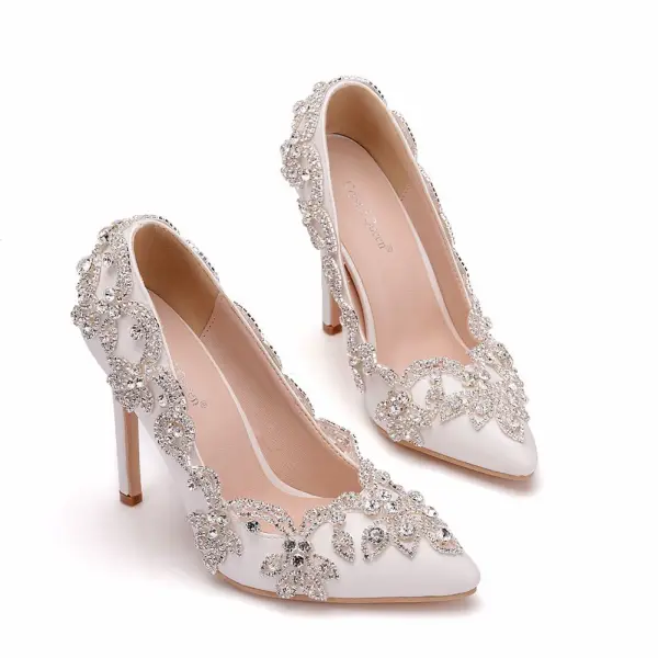 Elegante Witte Rhinestone Spitse Neus Bruidsschoenen 2025 Huwelijk 11 cm Naaldhakken / Stiletto Pumps Hoge Hakken