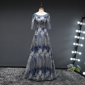 Affordable Navy Blue Glitter Evening Dresses 2019 A Line Princess Scoop Neck 3 4 Sleeve Floor Length Long Ruffle Backless Formal Dresses