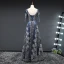Affordable Navy Blue Glitter Evening Dresses  2019 A-Line / Princess Scoop Neck 3/4 Sleeve Floor-Length / Long Ruffle Backless Formal Dresses