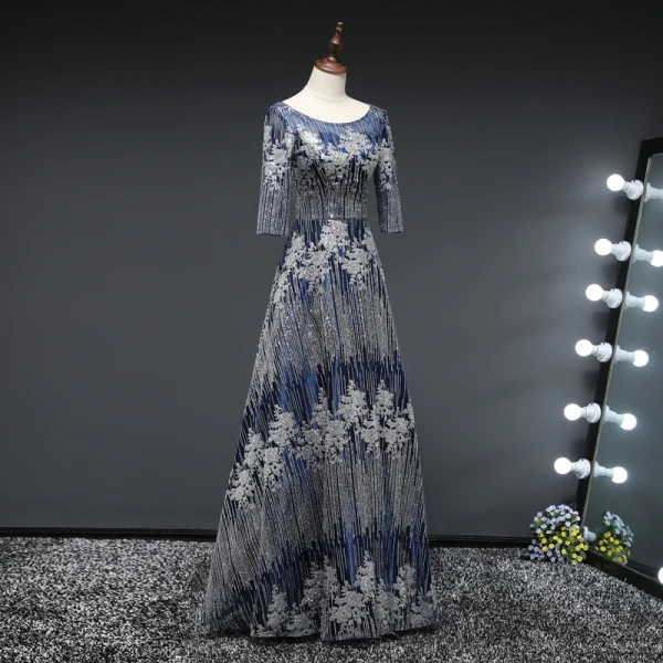 Affordable Navy Blue Glitter Evening Dresses  2019 A-Line / Princess Scoop Neck 3/4 Sleeve Floor-Length / Long Ruffle Backless Formal Dresses