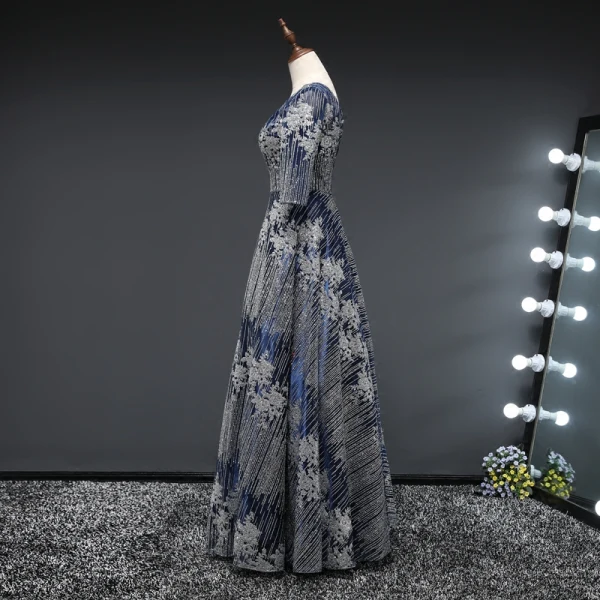 Affordable Navy Blue Glitter Evening Dresses  2019 A-Line / Princess Scoop Neck 3/4 Sleeve Floor-Length / Long Ruffle Backless Formal Dresses