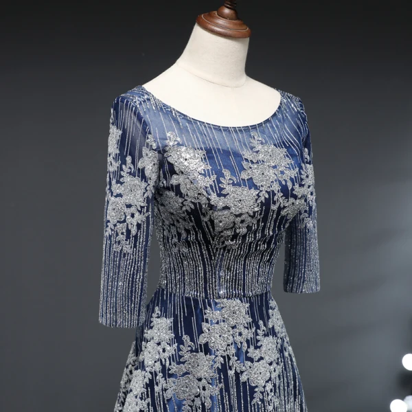 Affordable Navy Blue Glitter Evening Dresses  2019 A-Line / Princess Scoop Neck 3/4 Sleeve Floor-Length / Long Ruffle Backless Formal Dresses
