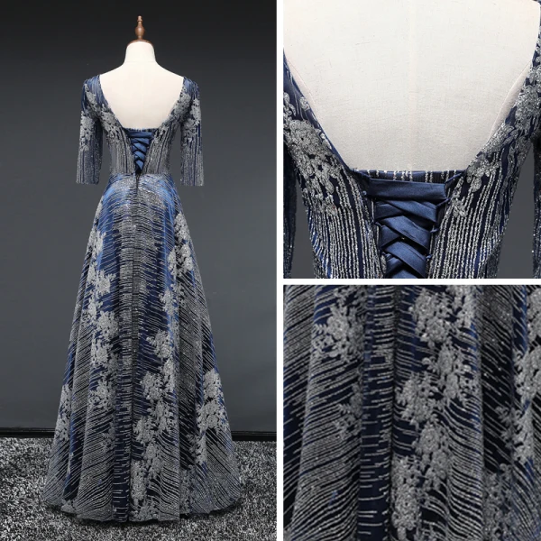 Affordable Navy Blue Glitter Evening Dresses  2019 A-Line / Princess Scoop Neck 3/4 Sleeve Floor-Length / Long Ruffle Backless Formal Dresses