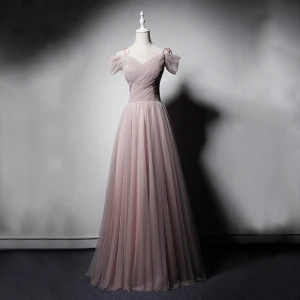Élégant Perle Rose Robe De Soirée 2019 Princesse De L Épaule Manches Courtes Paillettes Perlage Glitter Tulle Longue Volants Dos Nu Robe De Ceremonie