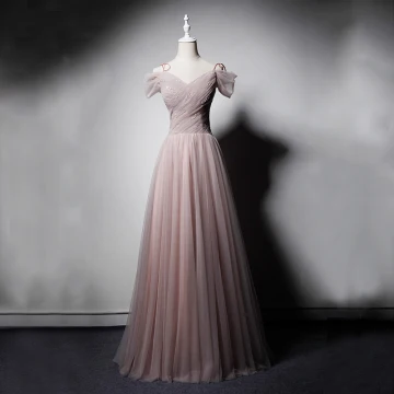 Elegante Parel Roze Avondjurken 2019 A Lijn Uit De Schouder Korte Mouwen Pailletten Kralen Glans Tule Lange Ruche Ruglooze Gelegenheid Jurken