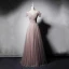 Elegant Pearl Pink Evening Dresses  2019 A-Line / Princess Off-The-Shoulder Short Sleeve Sequins Beading Glitter Tulle Floor-Length / Long Ruffle Backless Formal Dresses