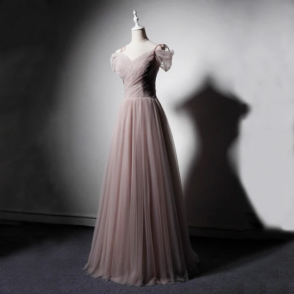 Elegant Pearl Pink Evening Dresses  2019 A-Line / Princess Off-The-Shoulder Short Sleeve Sequins Beading Glitter Tulle Floor-Length / Long Ruffle Backless Formal Dresses
