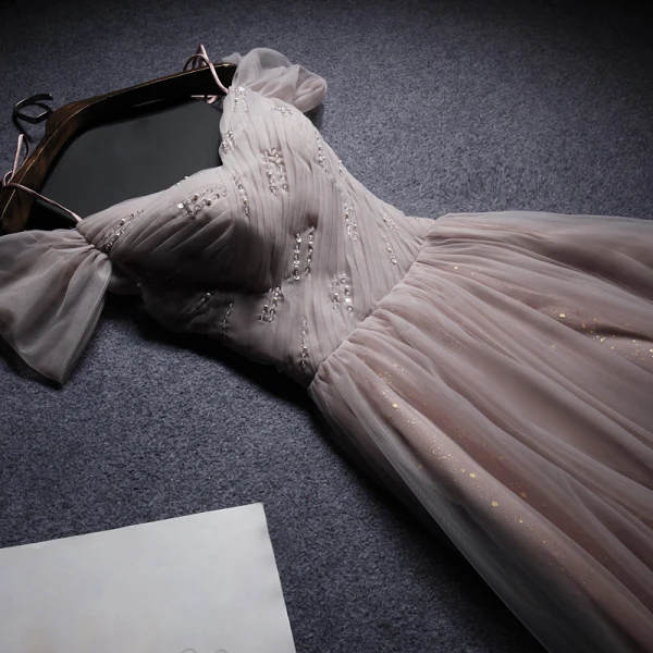 Elegant Pearl Pink Evening Dresses  2019 A-Line / Princess Off-The-Shoulder Short Sleeve Sequins Beading Glitter Tulle Floor-Length / Long Ruffle Backless Formal Dresses