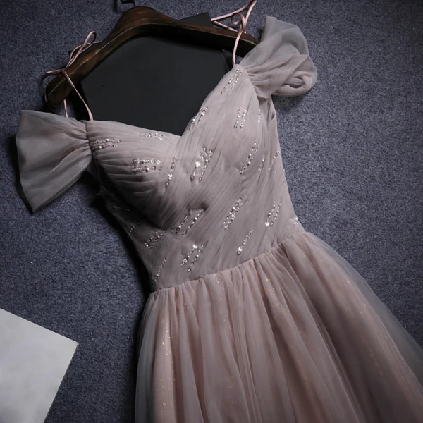 Elegant Pearl Pink Evening Dresses  2019 A-Line / Princess Off-The-Shoulder Short Sleeve Sequins Beading Glitter Tulle Floor-Length / Long Ruffle Backless Formal Dresses