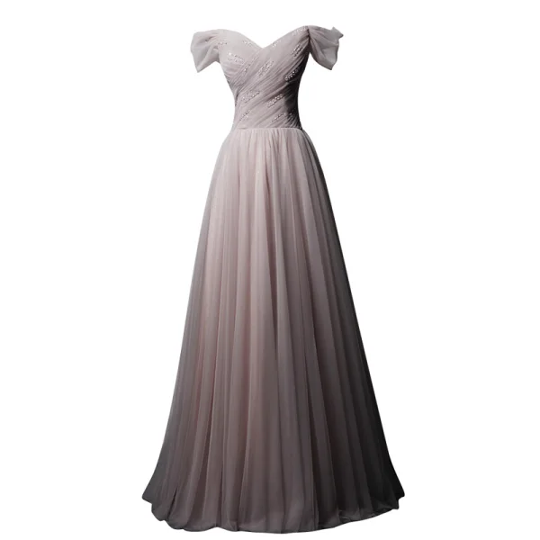 Elegant Pearl Pink Evening Dresses  2019 A-Line / Princess Off-The-Shoulder Short Sleeve Sequins Beading Glitter Tulle Floor-Length / Long Ruffle Backless Formal Dresses