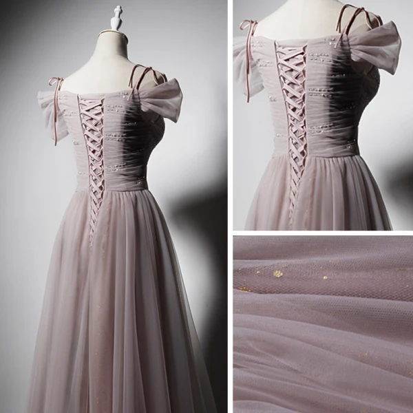 Elegant Pearl Pink Evening Dresses  2019 A-Line / Princess Off-The-Shoulder Short Sleeve Sequins Beading Glitter Tulle Floor-Length / Long Ruffle Backless Formal Dresses