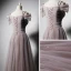 Elegant Pearl Pink Evening Dresses  2019 A-Line / Princess Off-The-Shoulder Short Sleeve Sequins Beading Glitter Tulle Floor-Length / Long Ruffle Backless Formal Dresses