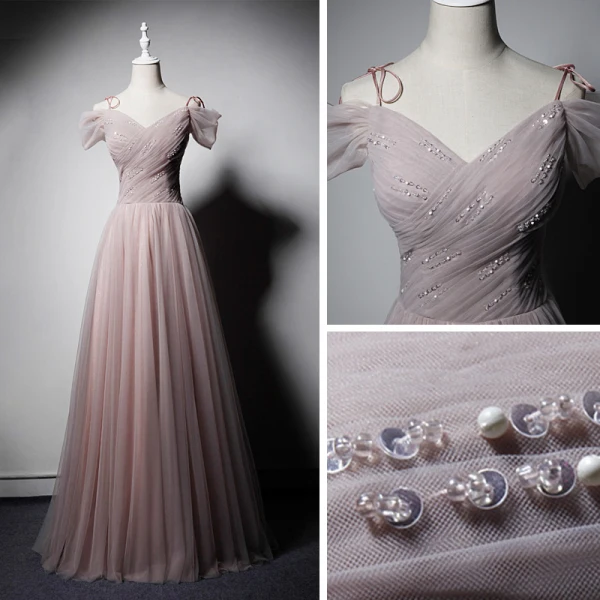 Elegant Pearl Pink Evening Dresses  2019 A-Line / Princess Off-The-Shoulder Short Sleeve Sequins Beading Glitter Tulle Floor-Length / Long Ruffle Backless Formal Dresses