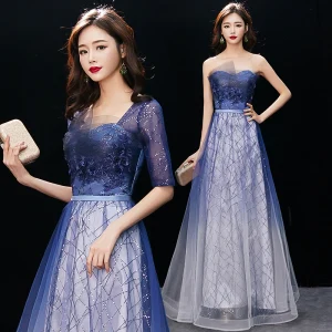 Affordable Royal Blue Gradient Color Evening Dresses 2019 A Line Princess Square Neckline 1 2 Sleeves Appliques Lace Glitter Sequins Floor Length Long Ruffle Backless