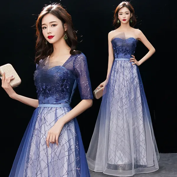 Affordable Royal Blue Gradient-Color Evening Dresses  2019 A-Line / Princess Square Neckline 1/2 Sleeves Appliques Lace Glitter Sequins Floor-Length / Long Ruffle Backless Formal Dresses