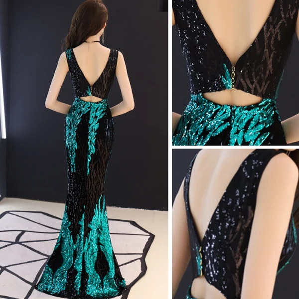 Sexy Noire Vert Paillettes Transparentes Robe De Soirée 2019 Trompette / Sirène Col v profond Sans Manches Perlage Glitter Longue Dos Nu Robe De Ceremonie
