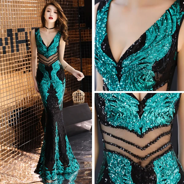 Sexy Noire Vert Paillettes Transparentes Robe De Soirée 2019 Trompette / Sirène Col v profond Sans Manches Perlage Glitter Longue Dos Nu Robe De Ceremonie