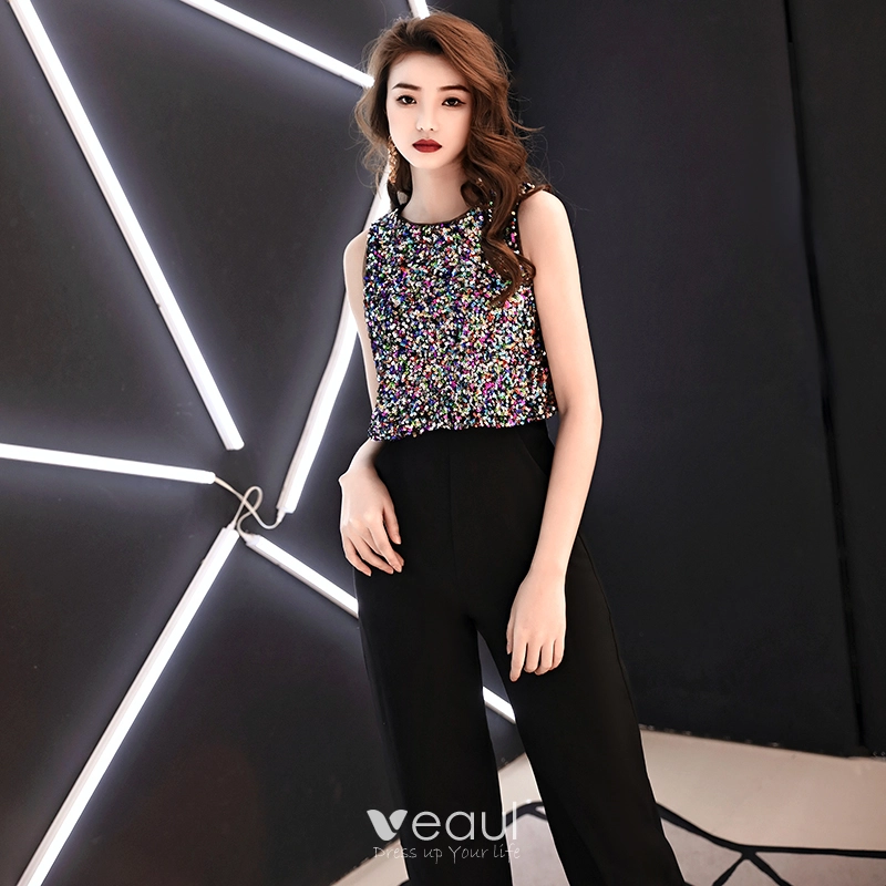 Modern Fashion Black Jumpsuit 2019 Scoop Neck Sleeveless Multi Colors Glitter Sequins Ankle Length Evening Dresses