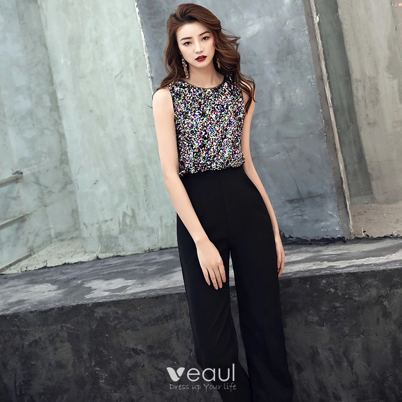 Modern Fashion Black Jumpsuit 2019 Scoop Neck Sleeveless Multi Colors Glitter Sequins Ankle Length Evening Dresses