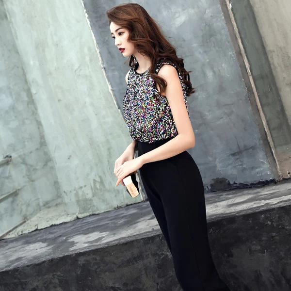 Modern / Fashion Black Jumpsuit 2019 Scoop Neck Sleeveless Multi-Colors Glitter Sequins Ankle Length Evening Dresses