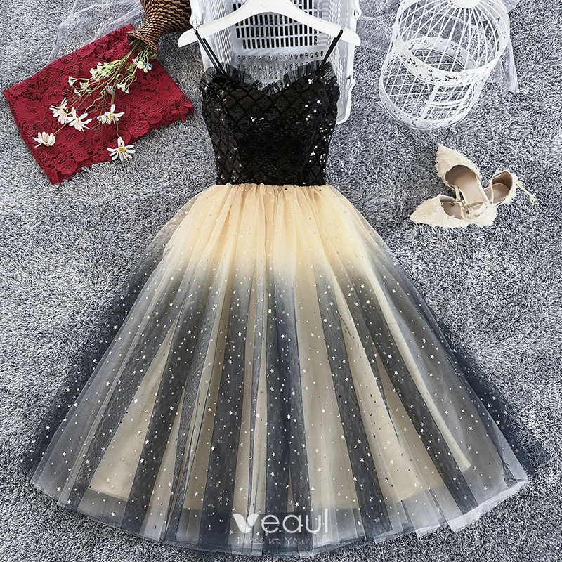 Chic / Beautiful Black Champagne Party Dresses 2019 A-Line / Princess  Spaghetti Straps Sleeveless Glitter Tulle Sequins Tea-length Ruffle  Backless Formal Dresses