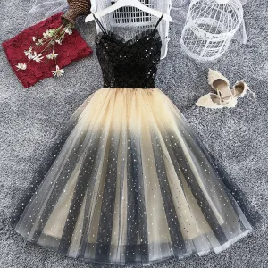 Chic Beautiful Black Champagne Party Dresses 2019 A Line Princess Spaghetti Straps Sleeveless Glitter Tulle Sequins Tea Length Ruffle Backless Formal Dresses
