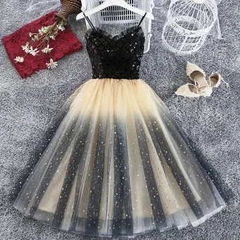 Snygga Fina Svarta Champagne Festklänningar 2019 Prinsessa Spaghettiband Ärmlös Glittriga Glitter Tyll Paljetter Te Längd Ruffle Halterneck Formella Klänningar