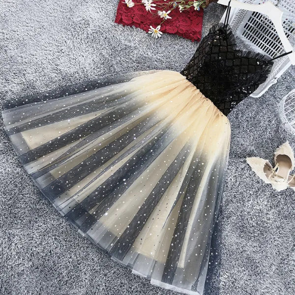 Chic / Belle Noire Champagne Robe De Fete 2019 Princesse Bretelles Spaghetti Sans Manches Glitter Tulle Paillettes Thé Longueur Volants Dos Nu Robe De Ceremonie