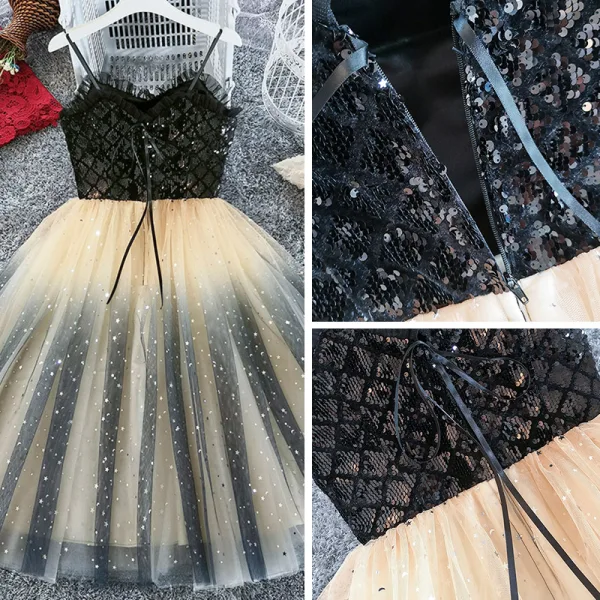 Chic / Belle Noire Champagne Robe De Fete 2019 Princesse Bretelles Spaghetti Sans Manches Glitter Tulle Paillettes Thé Longueur Volants Dos Nu Robe De Ceremonie