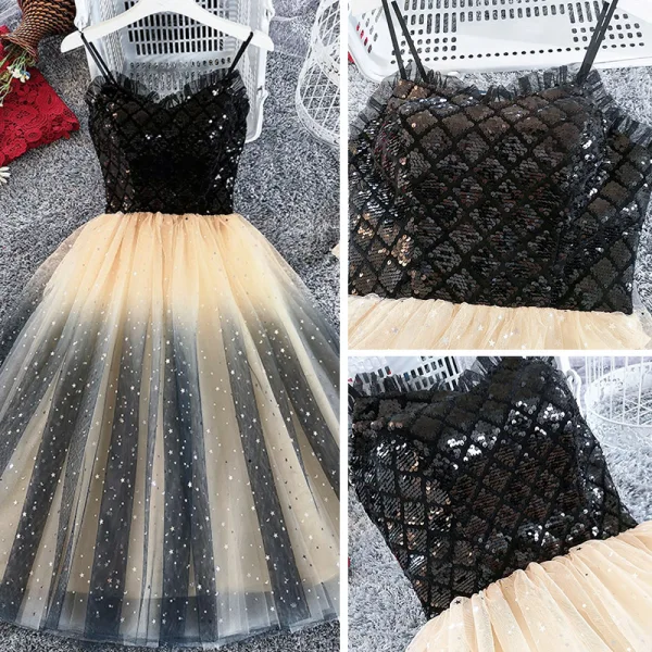 Chic / Belle Noire Champagne Robe De Fete 2019 Princesse Bretelles Spaghetti Sans Manches Glitter Tulle Paillettes Thé Longueur Volants Dos Nu Robe De Ceremonie
