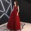 Meilleur Bordeaux Transparentes Robe De Soirée 2019 Princesse Encolure Dégagée Sans Manches Faux Diamant Paillettes Glitter Tulle Longue Volants Dos Nu Robe De Ceremonie
