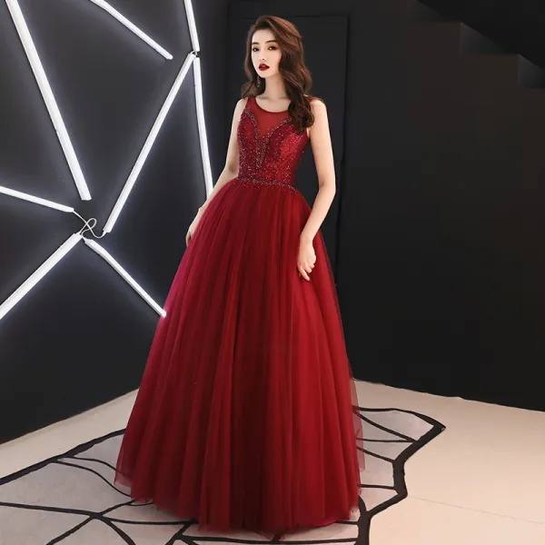 Best Burgundy See-through Evening Dresses  2019 A-Line / Princess Scoop Neck Sleeveless Rhinestone Sequins Glitter Tulle Floor-Length / Long Ruffle Backless Formal Dresses