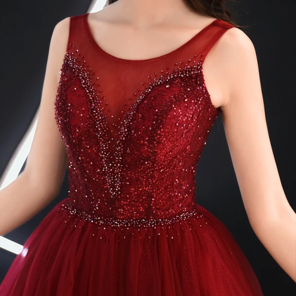 Meilleur Bordeaux Transparentes Robe De Soirée 2019 Princesse Encolure Dégagée Sans Manches Faux Diamant Paillettes Glitter Tulle Longue Volants Dos Nu Robe De Ceremonie