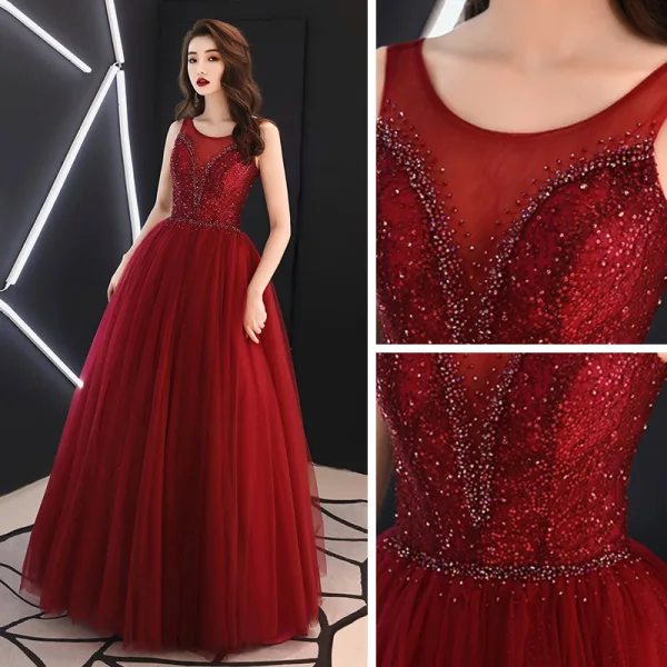 Meilleur Bordeaux Transparentes Robe De Soirée 2019 Princesse Encolure Dégagée Sans Manches Faux Diamant Paillettes Glitter Tulle Longue Volants Dos Nu Robe De Ceremonie
