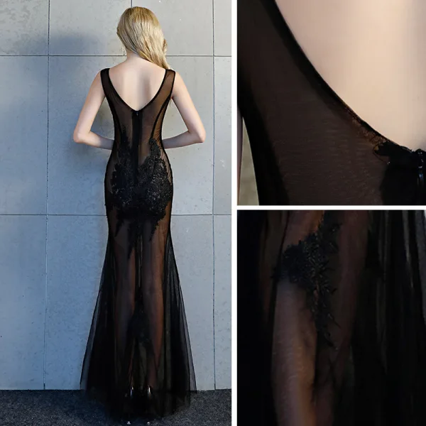 Sexy Transparentes Robe De Soirée 2019 Trompette / Sirène Col v profond Sans Manches Appliques En Dentelle Longueur Cheville Dos Nu Robe De Ceremonie