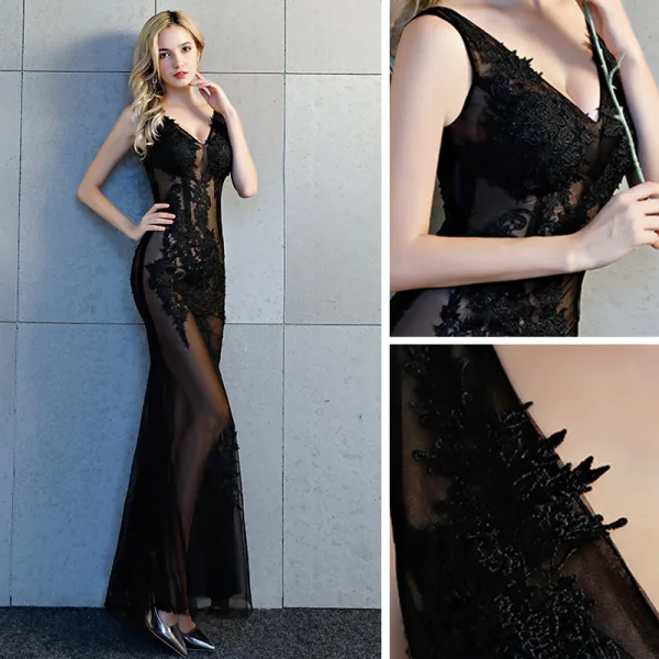 Sexy Transparentes Robe De Soirée 2019 Trompette / Sirène Col v profond Sans Manches Appliques En Dentelle Longueur Cheville Dos Nu Robe De Ceremonie