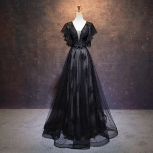 Eleganta Svarta Aftonklänningar 2019 Prinsessa Genomskinliga Djup V Hals Korta Ärm Appliqués Spets Rhinestone Paljetter Långa Ruffle Halterneck Formella Klänningar