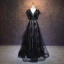 Elegant Black Evening Dresses  2019 A-Line / Princess See-through Deep V-Neck Short Sleeve Appliques Lace Rhinestone Sequins Floor-Length / Long Ruffle Backless Formal Dresses