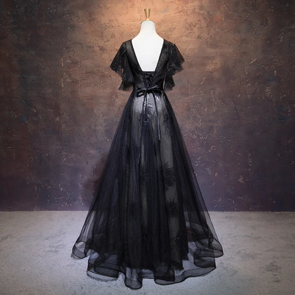 Elegant Black Evening Dresses  2019 A-Line / Princess See-through Deep V-Neck Short Sleeve Appliques Lace Rhinestone Sequins Floor-Length / Long Ruffle Backless Formal Dresses