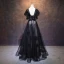Elegant Black Evening Dresses  2019 A-Line / Princess See-through Deep V-Neck Short Sleeve Appliques Lace Rhinestone Sequins Floor-Length / Long Ruffle Backless Formal Dresses