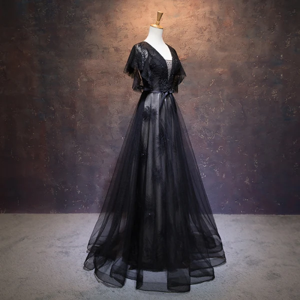 Elegant Black Evening Dresses  2019 A-Line / Princess See-through Deep V-Neck Short Sleeve Appliques Lace Rhinestone Sequins Floor-Length / Long Ruffle Backless Formal Dresses