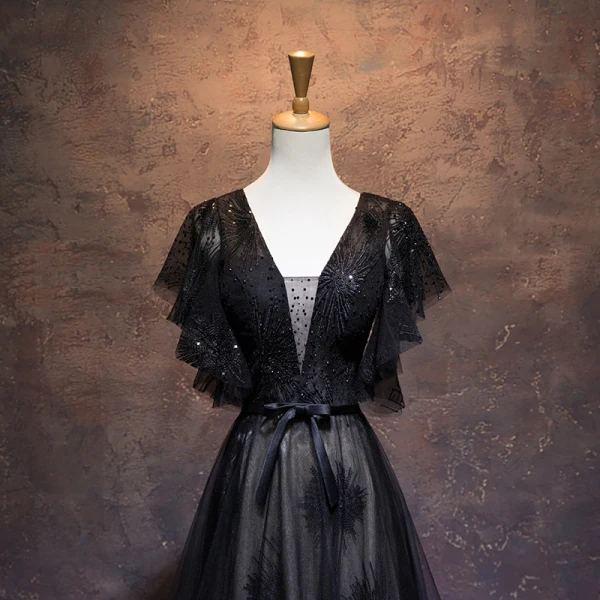 Elegant Black Evening Dresses  2019 A-Line / Princess See-through Deep V-Neck Short Sleeve Appliques Lace Rhinestone Sequins Floor-Length / Long Ruffle Backless Formal Dresses